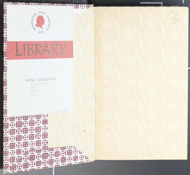 Inside front cover, book from Pullman's Leonard and Virginia Woolf library 