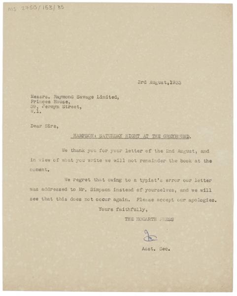 Image of typescript letter from The Hogarth Press to Raymond Savage Limited (03/08/1933) page 1 of 1