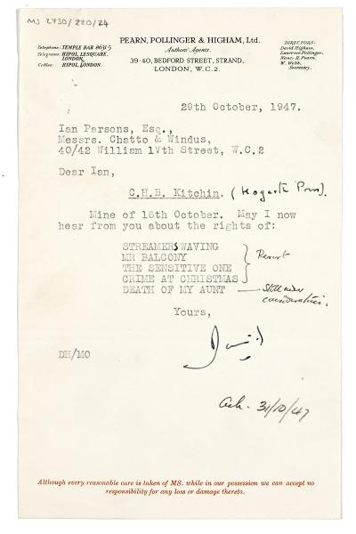 Image of typescript letter from David Higham to Ian Parsons (29/10/1947) page 1 of 1