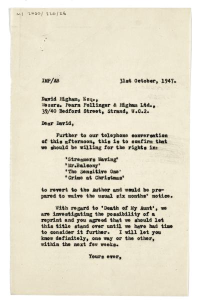 Image of typescript letter from Ian Parsons to David Higham (31/10/1947) page 1 of 1
