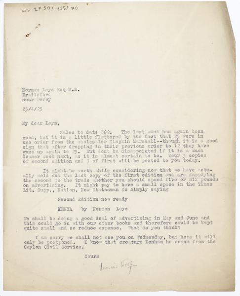 Image of typescript letter from Leonard Woolf to Norman Leys (25/04/1925) page 1 of 1
