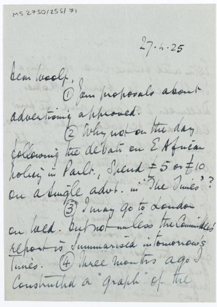 Image of handwritten letter from Norman Leys to Leonard Woolf (27/04/1925) page 1 of 1