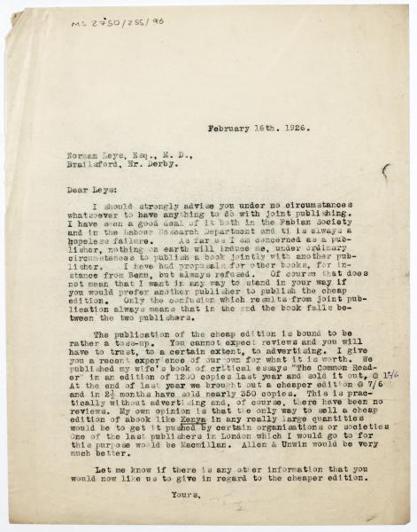 Image of typescript letter from Leonard Woolf to Norman Leys (16/02/1926) page 1 of 1