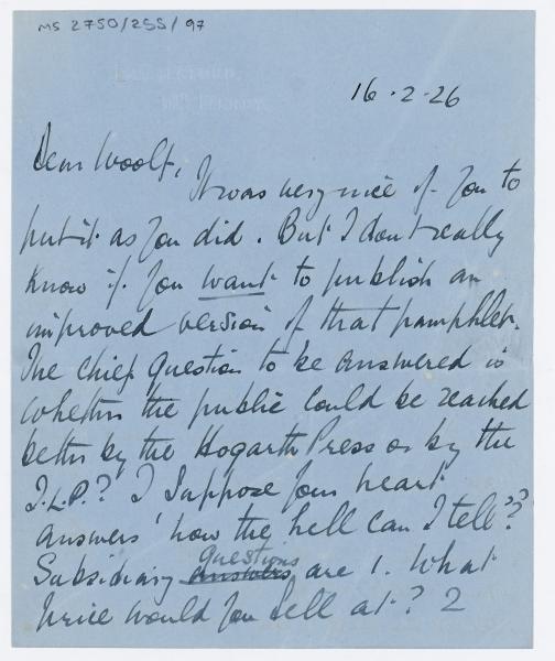 Image of typescript letter from Norman Leys to Leonard Woolf (16/02/1926) page 1 of 4