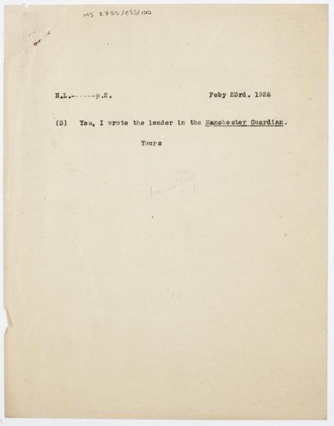 Image of typescript letter from Leonard Woolf to Norman Leys (23/02/1926) page 2 of 2