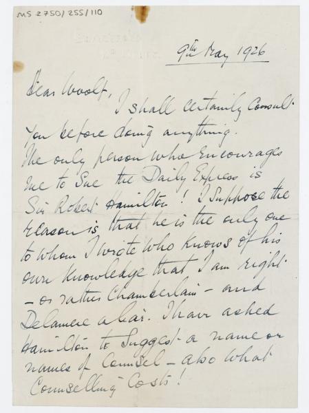 Image of handwritten letter from Norman Leys to Leonard Woolf (09/05/19260) page 1 of 2