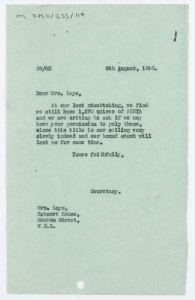 Image of tyepscript letter from The Hogarth Press to Mrs Leys (06/08/1948) page 1 of 1