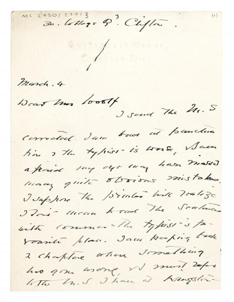 image of letter from Flora Mayor to Leonard Woolf (04/03/1924) page 1 of 2