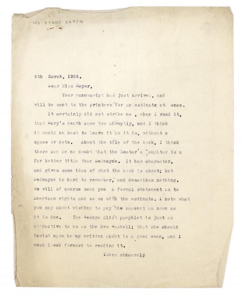image of typescript letter from Leonard Woolf to Flora Mayor (04/03/1924) page 1 pf 1