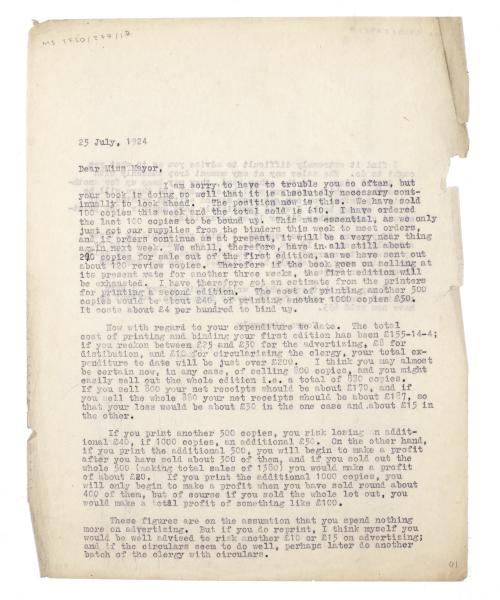 image of typescript letter from Leonard Woolf to Flora Mayor (23/07/1924) page 1 of 2
