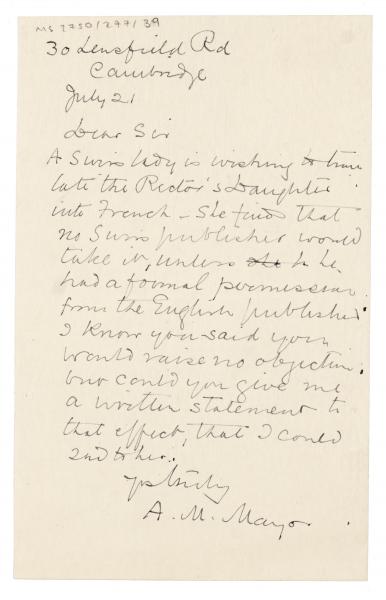 Image of handwritten letter from Alice Mayor to The Hogarth Press ( 21 July c1934) page 1 of 1 