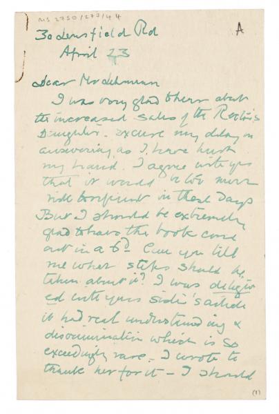 Image of handwritten letter from Alice Mayor to John Lehmann (23/04/1941) page 1 of 2