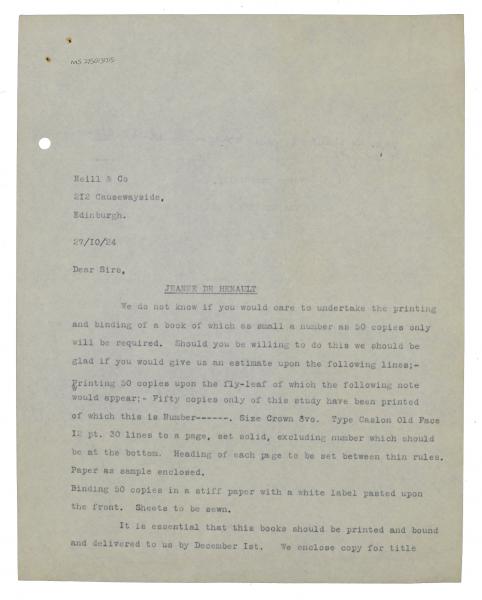 Image of typescript letter from the Hogarth Press to Neill & Co Ltd. (27/10/1924) page 1 of 2