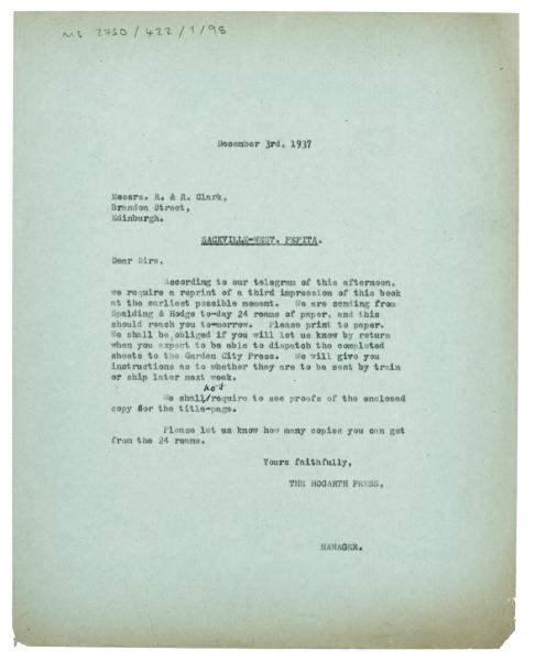 Letter from The Hogarth Press to R. & R. Clark (03/12/1937)