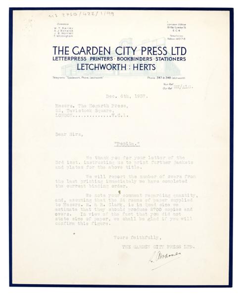 Letter from The Garden City Press to The Hogarth Press (06/12/1937)