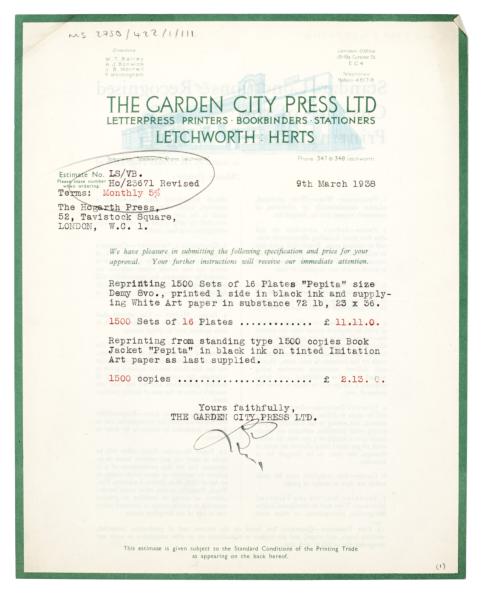 Letter from The Garden City Press to The Hogarth Press (09/03/1938)