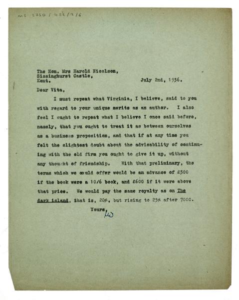 Letter from The Hogarth Press to Vita Sackville-West (02/07/1936)