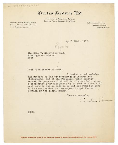 Letter from Curtis Brown Ltd to Vita Sackville-West (23/04/1937)