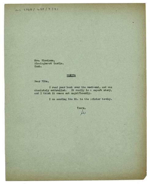 Letter from The Hogarth Press to Vita Sackville-West (unknown date)