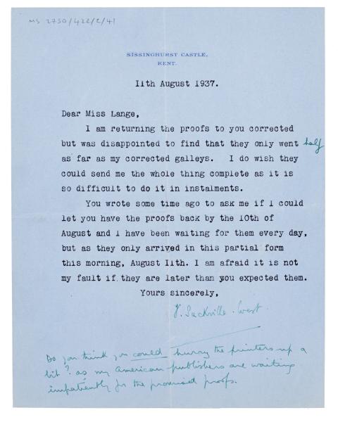 Letter from Vita Sackville-West to The Hogarth Press (11/08/1937)