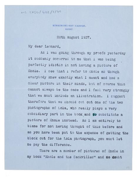Letter from Vita Sackville-West to The Hogarth Press (20/08/1937)