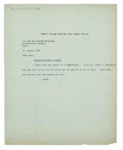 Letter from The Hogarth Press to Vita Sackville-West (21/08/1937)