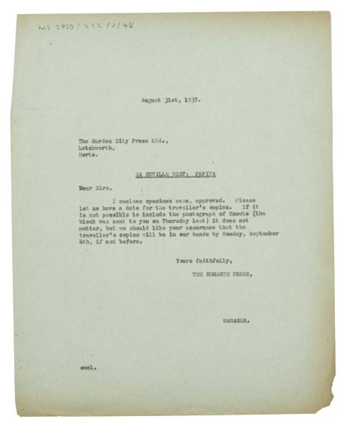 Letter from The Hogarth Press to Vita Sackville-West (31/08/1937)