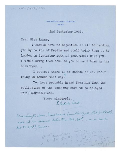 Letter from Vita Sackville-West to The Hogarth Press (02/09/1937)