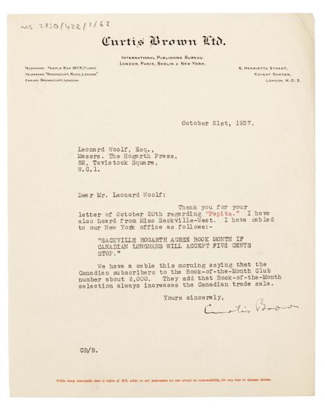 Letter from Curtis Brown Ltd to The Hogarth Press (21/10/1937)