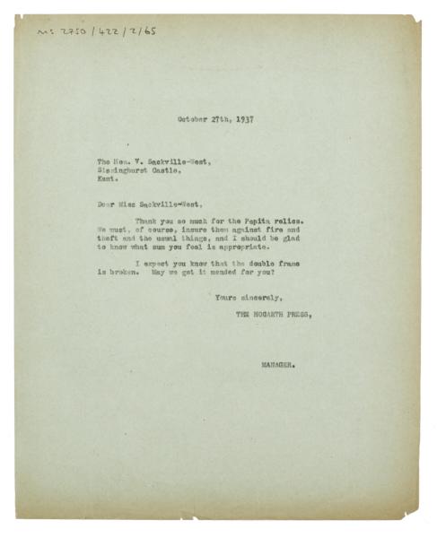 Letter from The Hogarth Press to Vita Sackville-West (27/10/1937)
