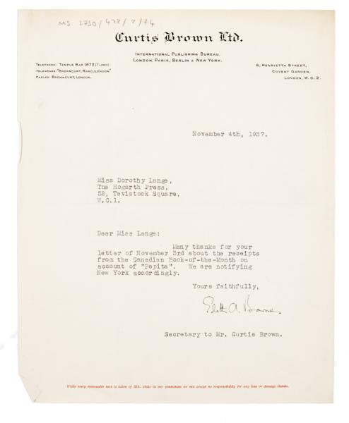 Letter from Curtis Brown Ltd to The Hogarth Press (04/11/1937)