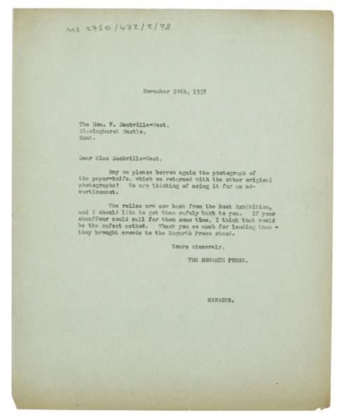Letter from The Hogarth Press to Vita Sackville-West (24/11/1937)