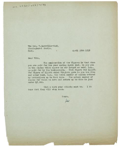 Letter from The Hogarth Press to Vita Sackville-West (29/04/1938)