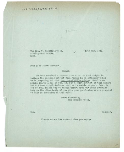 Letter from The Hogarth Press to Vita Sackville-West (11/05/1939)