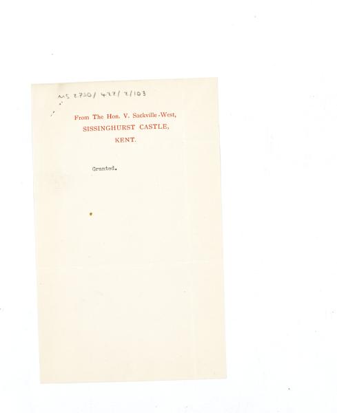 Letter from Vita Sackville-West to The Hogarth Press (unknown date)
