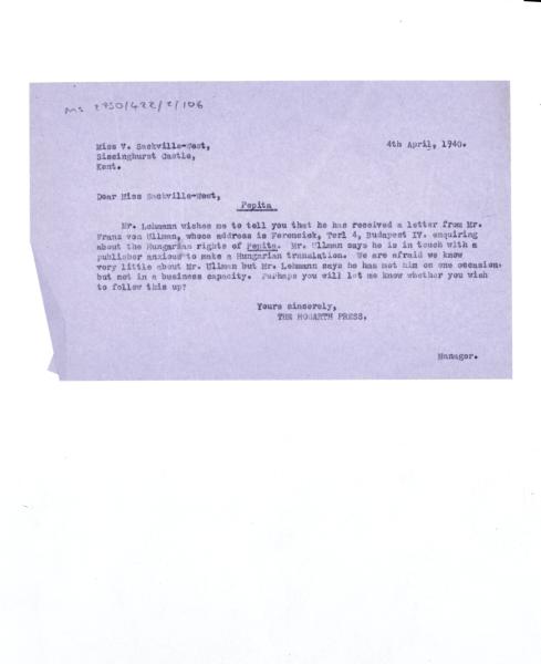 Letter from The Hogarth Press to Vita Sackville-West (04/04/1940)