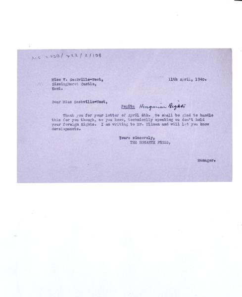 Letter from The Hogarth Press to Vita Sackville-West (11/04/1940)