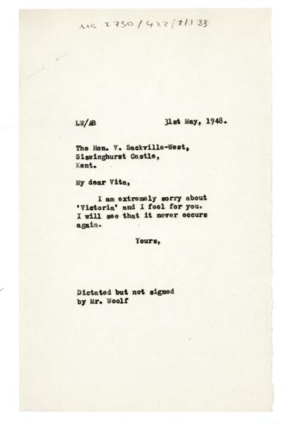Letter from The Hogarth Press to Vita Sackville-West (31/05/1948)