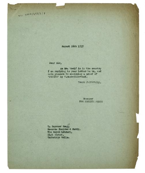 Letter from The Hogarth Press to Goulden & Curry (26/08/1937)