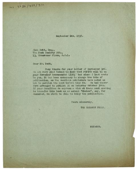 Letter from The Hogarth Press to The Book Society (06/09/1937)