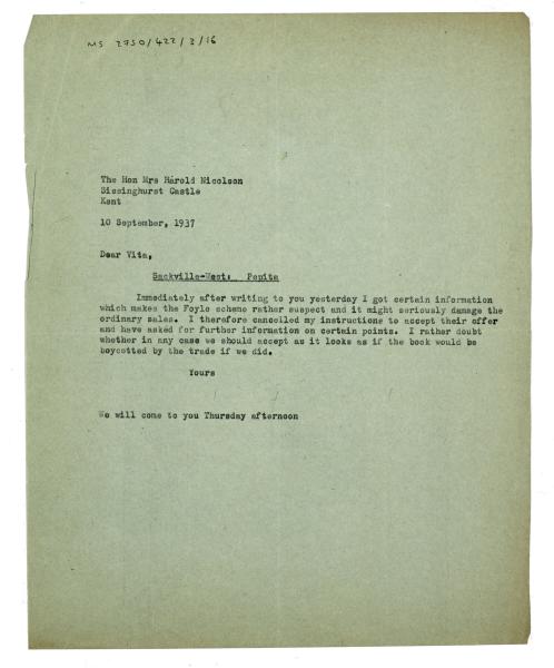 Letter from The Hogarth Press to Vita Sackville-West (10/09/1937)