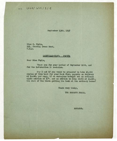 Letter from The Hogarth Press to Christina Foyle (13/09/1937)