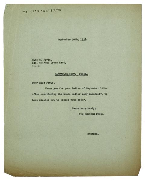 Letter from The Hogarth Press to Christina Foyle (20/09/1937)