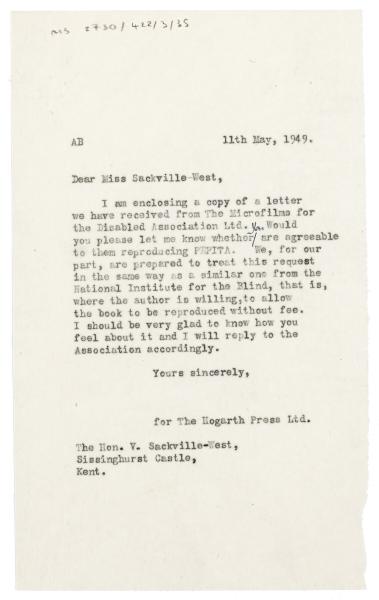 Letter from The Hogarth Press to Vita Sackville-West (11/05/1949)