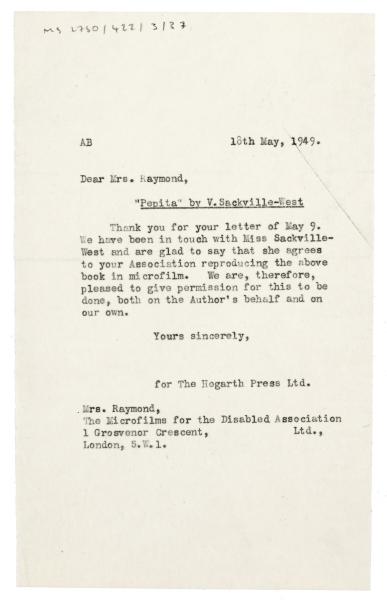 Letter from The Hogarth Press to The Microfilms for the Disabled Association Ltd (18/05/1949)