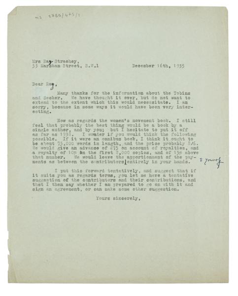 Letter from Leonard Woolf at The Hogarth Press to Ray Strachey (20/12/1935)