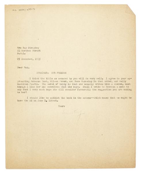 Letter from Leonard Woolf at The Hogarth Press to Ray Strachey (15/12/1935)