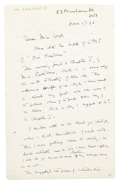 Letter from Ray Strachey to Margaret West at The Hogarth Press (17/06/1936)