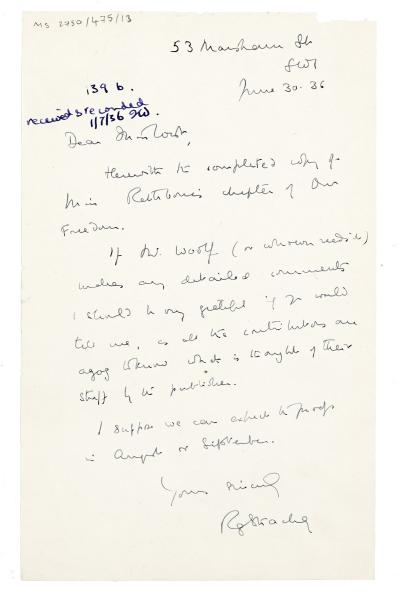 Letter from Ray Strachey to Margaret West at The Hogarth Press (30/06/1936)