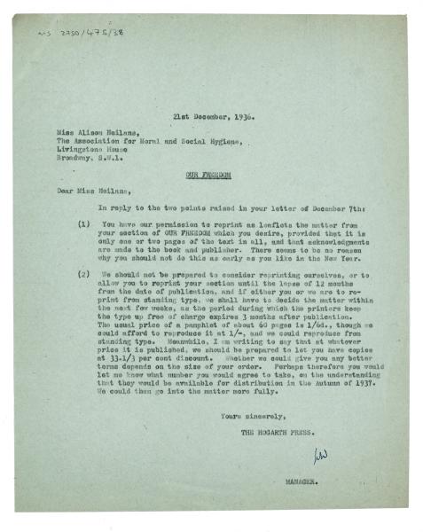 Letter from Leonard Woolf at The Hogarth Press to Alison Neilans (21/12/1936)